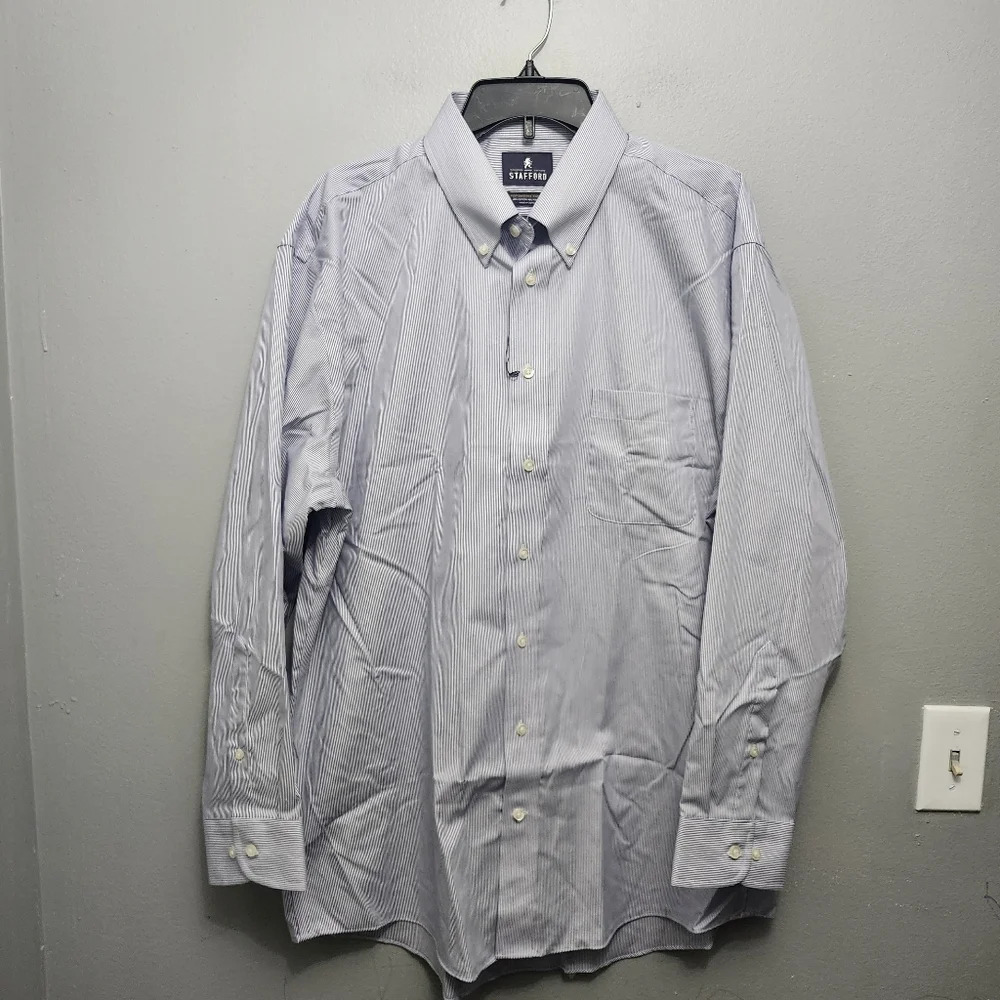Stafford men's button-down shirt size 17.5 athletic fit stripped blue an…
